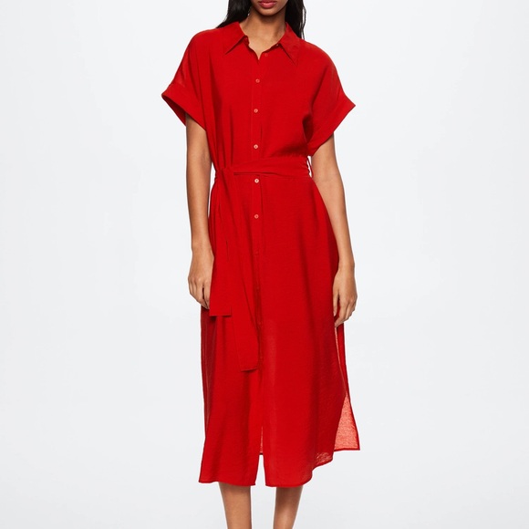 NWT Mango Women’s Red Midi Shirt Dress Button Front Collared Short Sleeve SZ S - Picture 1 of 15